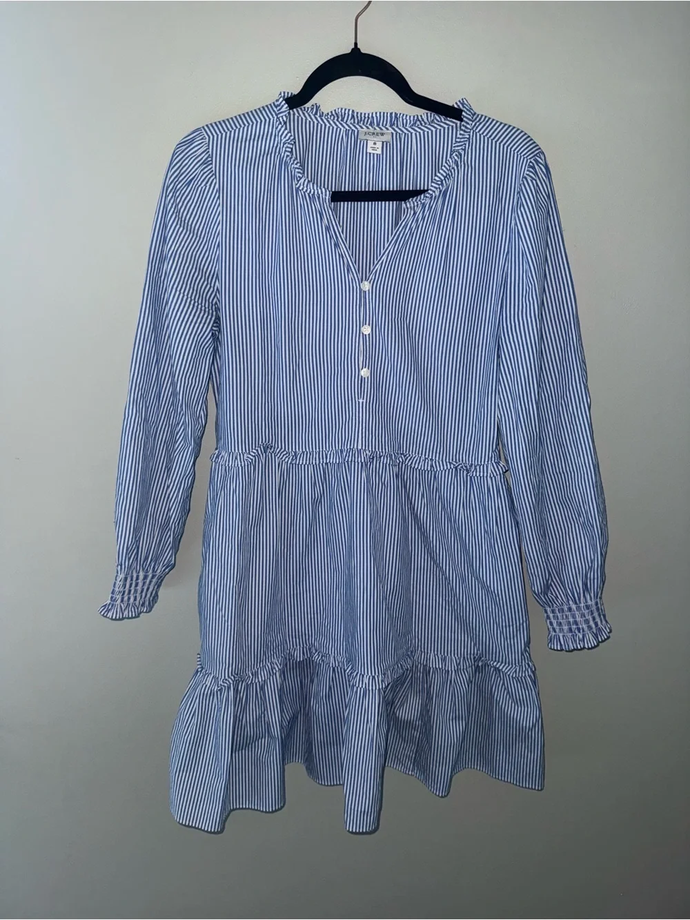 J. Crew Striped Mini Dress with ruffle trim white and blue size 8
